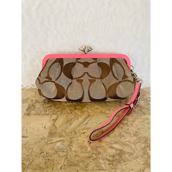 Vtg Coach Y2K jewel kisslock khaki signature snake skin clutch/wristlet pink bag - Picture 1 of 10